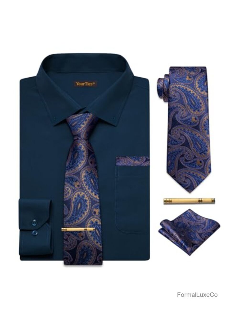 Men's Dress Shirt and Tie Set with Tie Clip Cufflinks Pocket Square